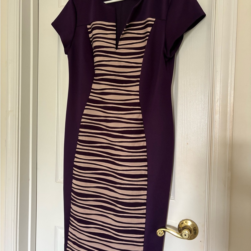 Connected Apparel Purple Tan V-Neck Sheath Dress